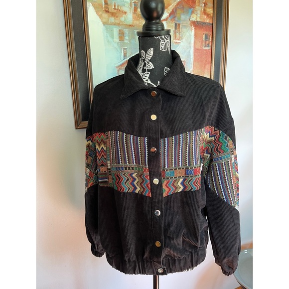 Black Corduroy Jacket with Tribal Multicolor Pattern - Picture 3 of 8